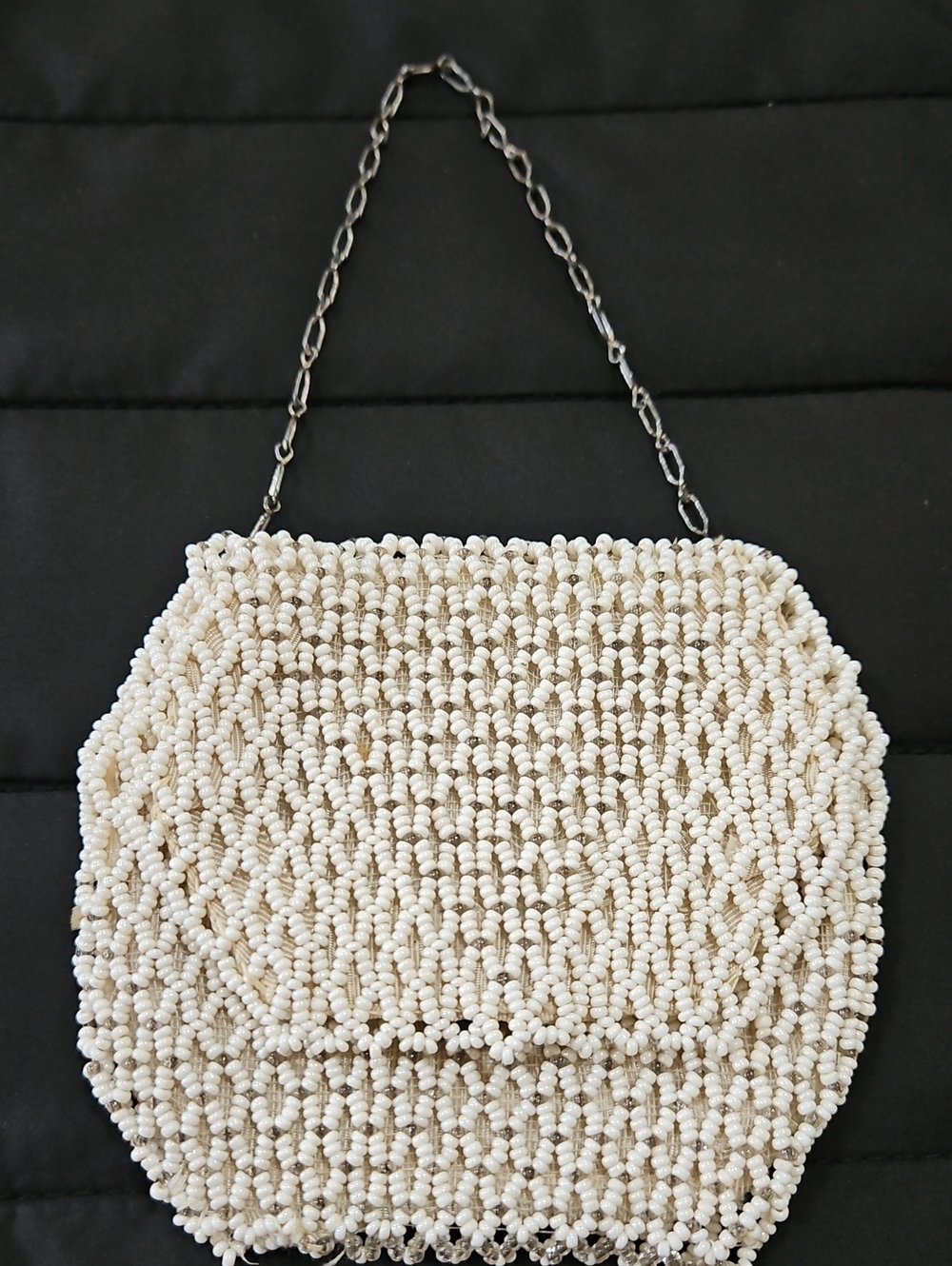 Antique Cream Beads  Made In Czechoslovakia Hand Beaded Purse with Silver Chain